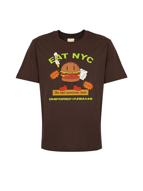 T-shirt in cotone con stampa EAT NYC Marrone GIORGIO ARMANI | EM003622 AF14836M6185